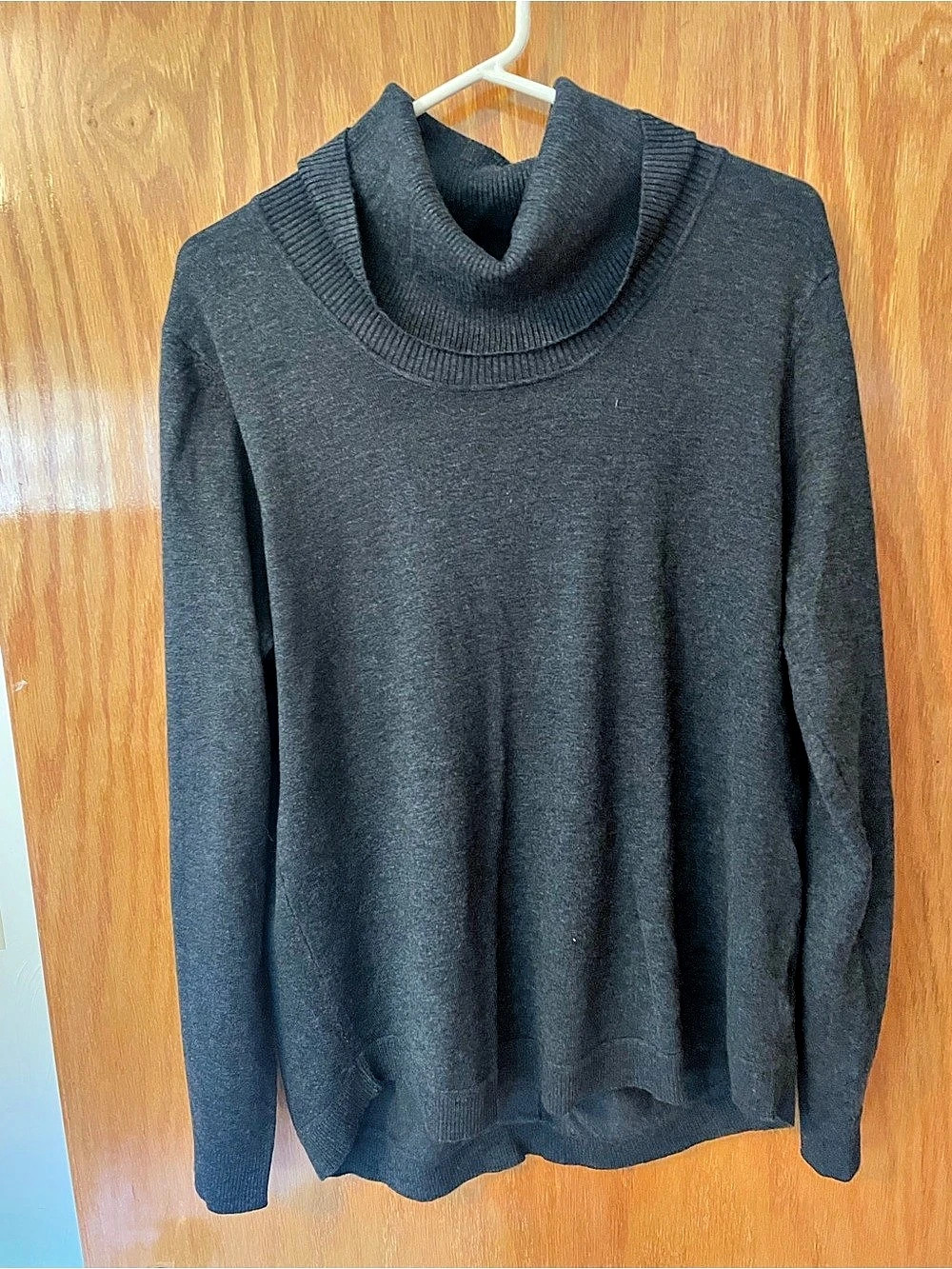 Cable & Gauge Button-Back Cowl Neck Sweater in charcoal gray